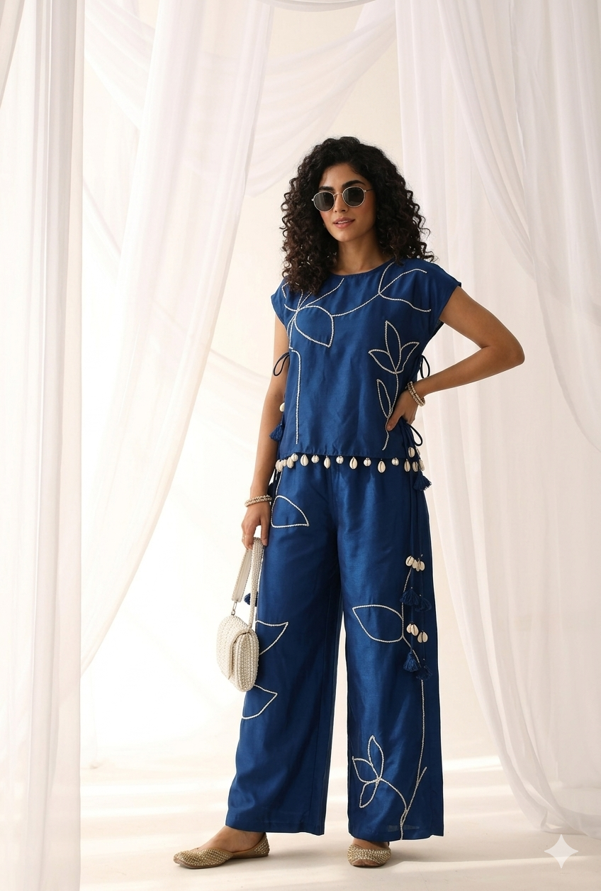 Indigo Shell-Drop Embroidered Co-ord Set