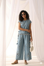 Sea Blue Shell-Drop Embroidered Co-ord Set