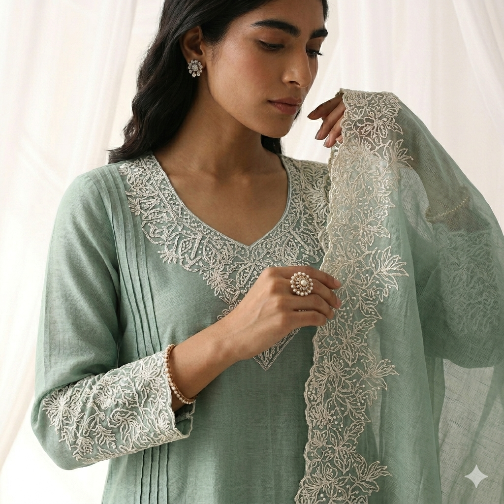 Luxe Sea Green Embroidered High-Low Kurta Set