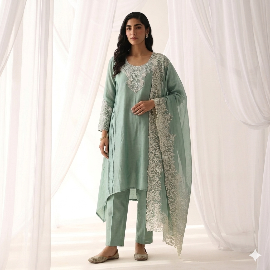Luxe Sea Green Embroidered High-Low Kurta Set