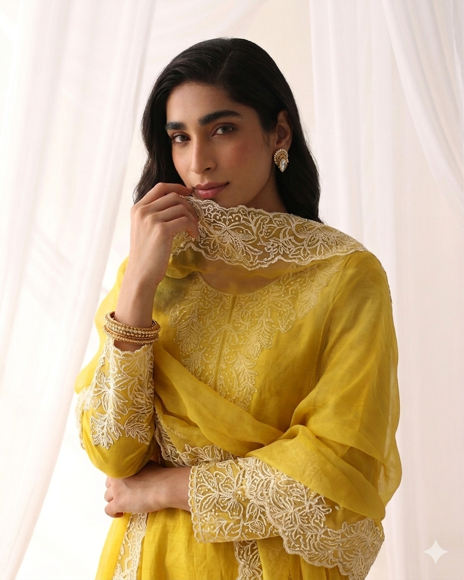 Luxe Yellow Embroidered High-Low Kurta Set