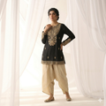 Pure Royal Black Silk Kurta with Gold Zari Artistry paired with Sand Draped Dhoti