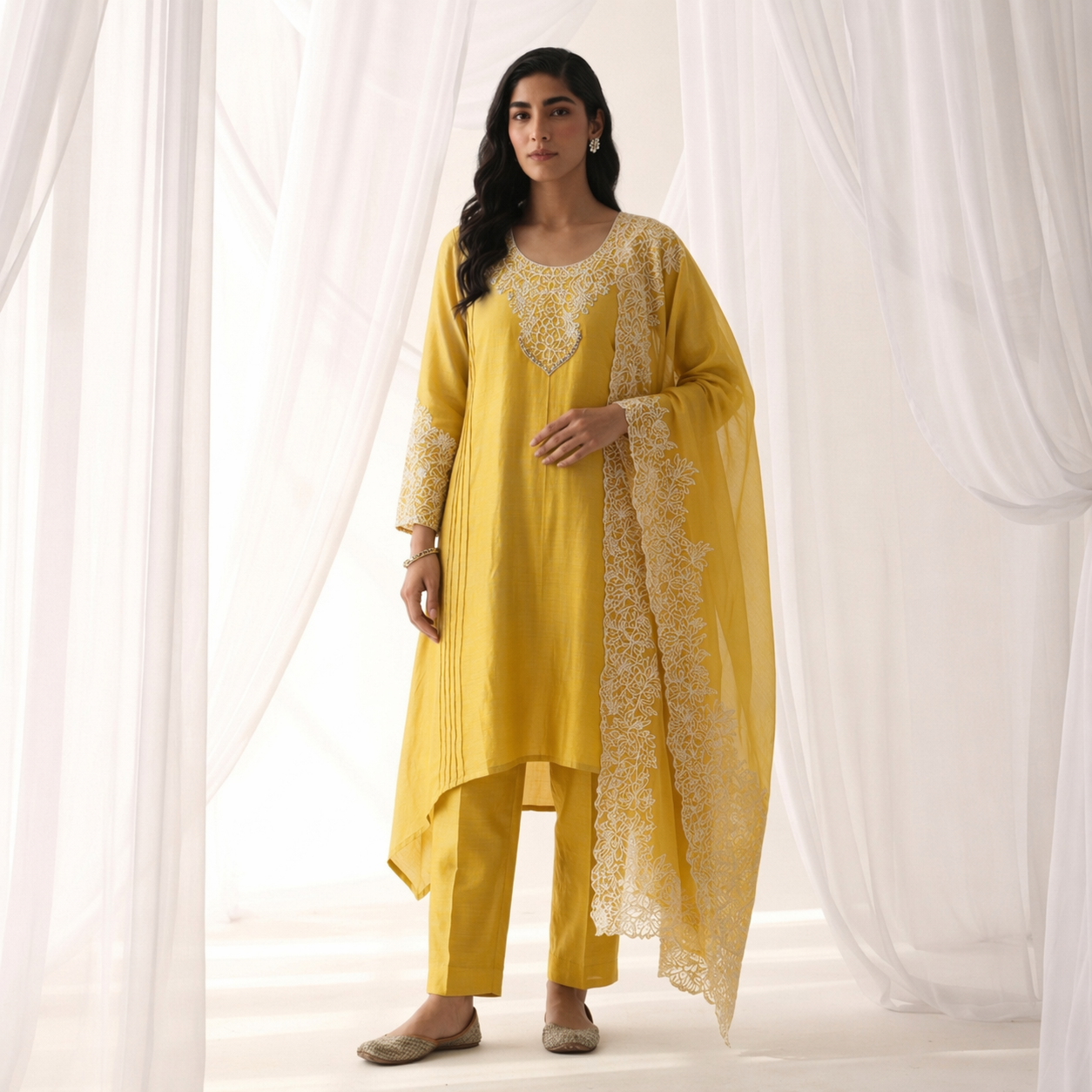 Luxe Yellow Embroidered High-Low Kurta Set