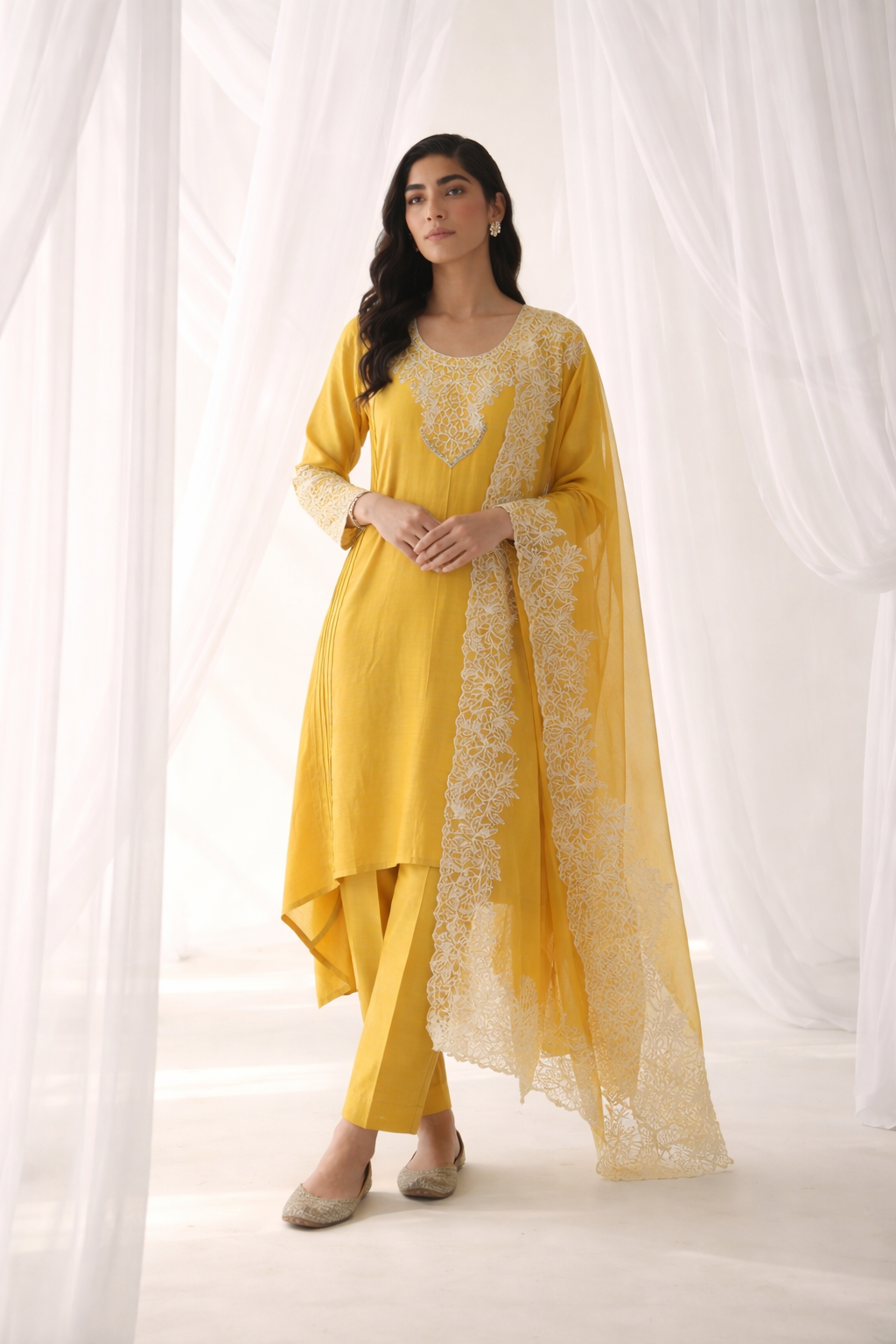 Luxe Yellow Embroidered High-Low Kurta Set