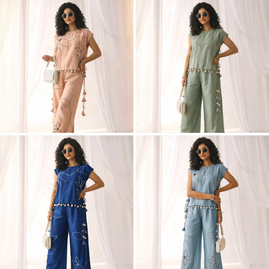 Indigo Shell-Drop Embroidered Co-ord Set