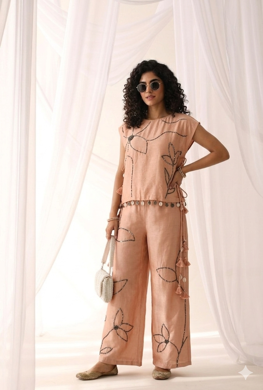 Baby Peach Shell-Drop Embroidered Co-ord Set
