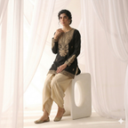 Pure Royal Black Silk Kurta with Gold Zari Artistry paired with Sand Draped Dhoti