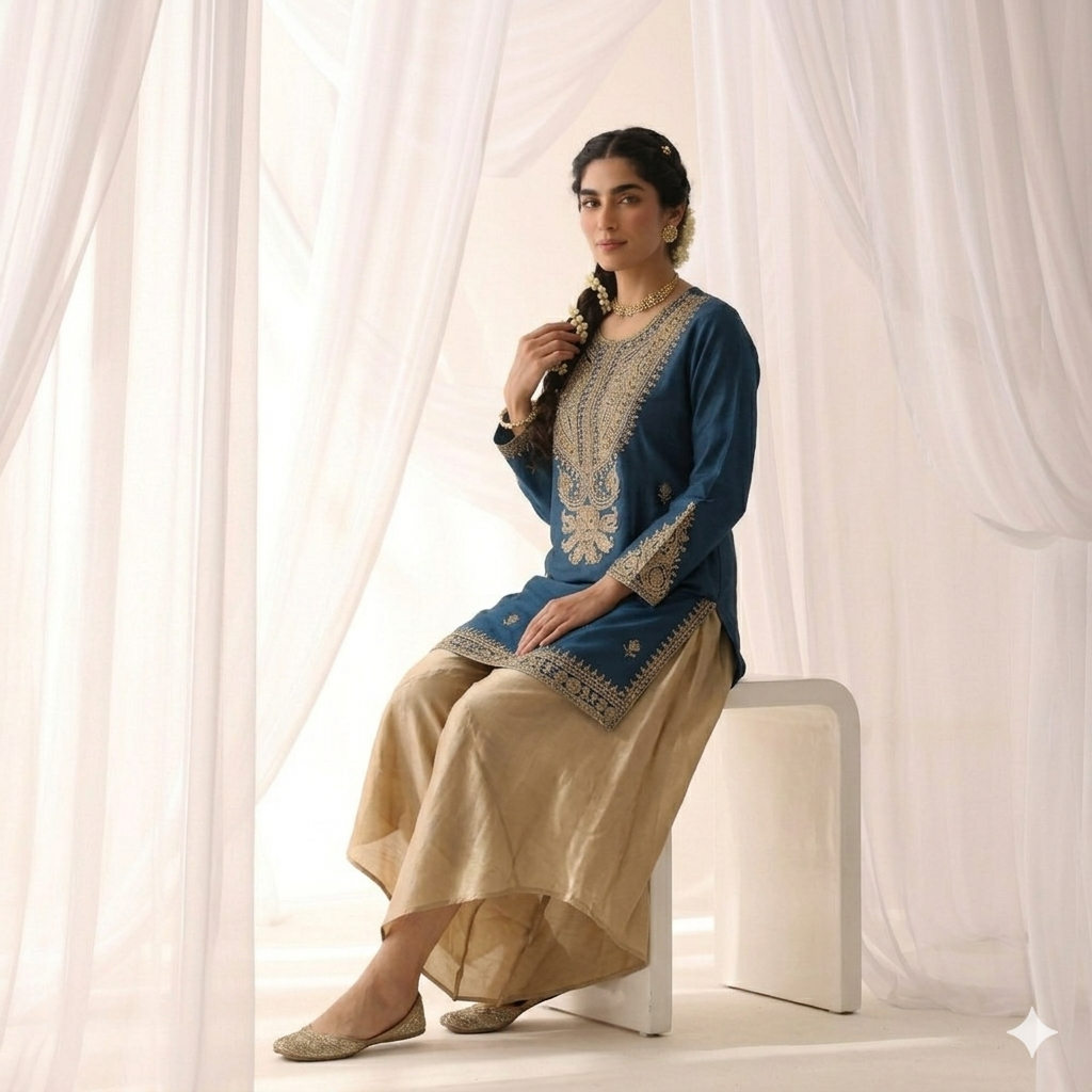 Pure Royal Indigo Silk Kurta with Gold Zari Artistry paired with Sand Draped Dhoti