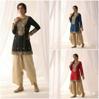 Pure Red Silk Kurta with Gold Zari Artistry paired with Sand Draped Dhoti