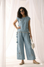 Sea Blue Shell-Drop Embroidered Co-ord Set