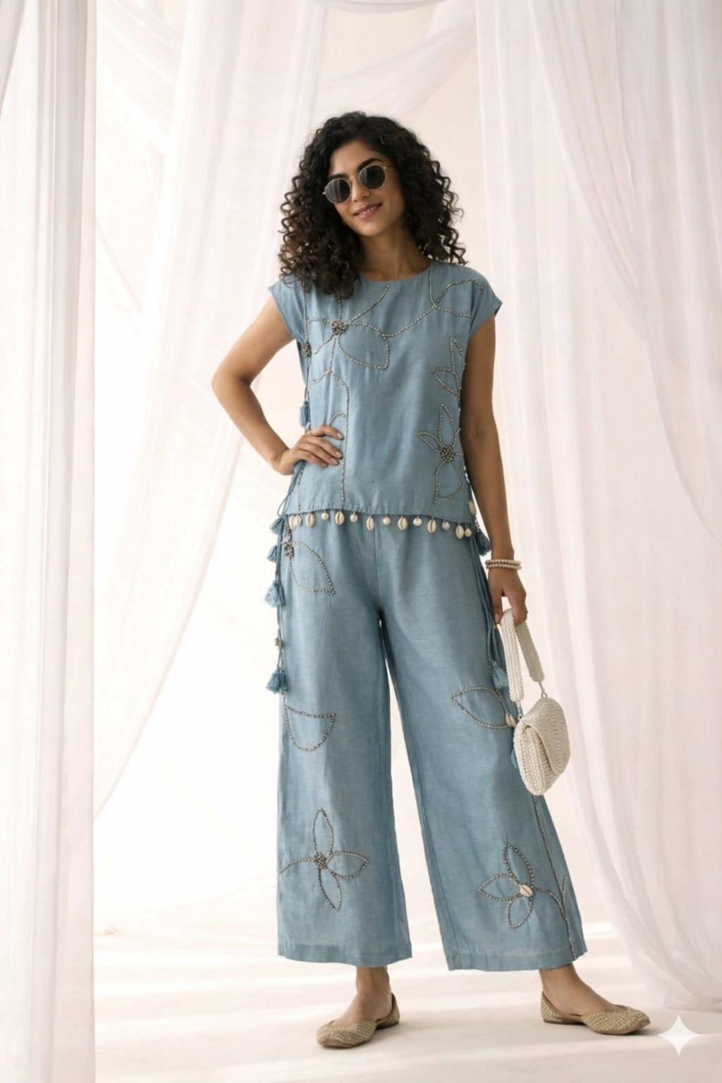 Sea Blue Shell-Drop Embroidered Co-ord Set