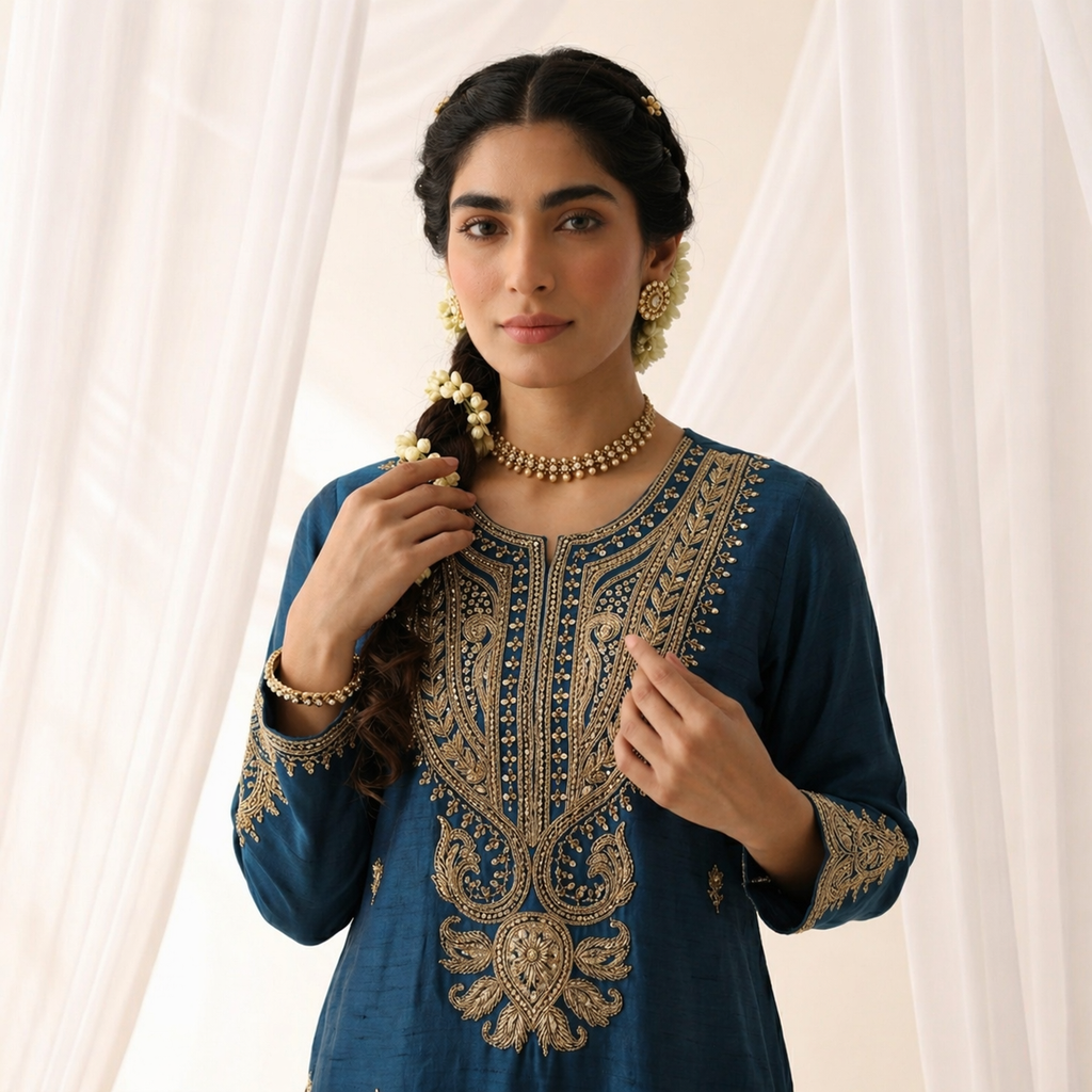 Pure Royal Indigo Silk Kurta with Gold Zari Artistry paired with Sand Draped Dhoti