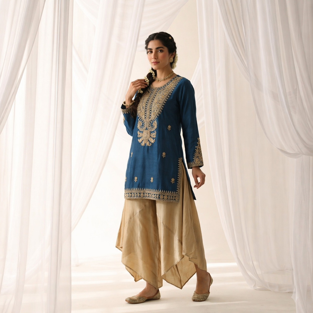 Pure Royal Indigo Silk Kurta with Gold Zari Artistry paired with Sand Draped Dhoti