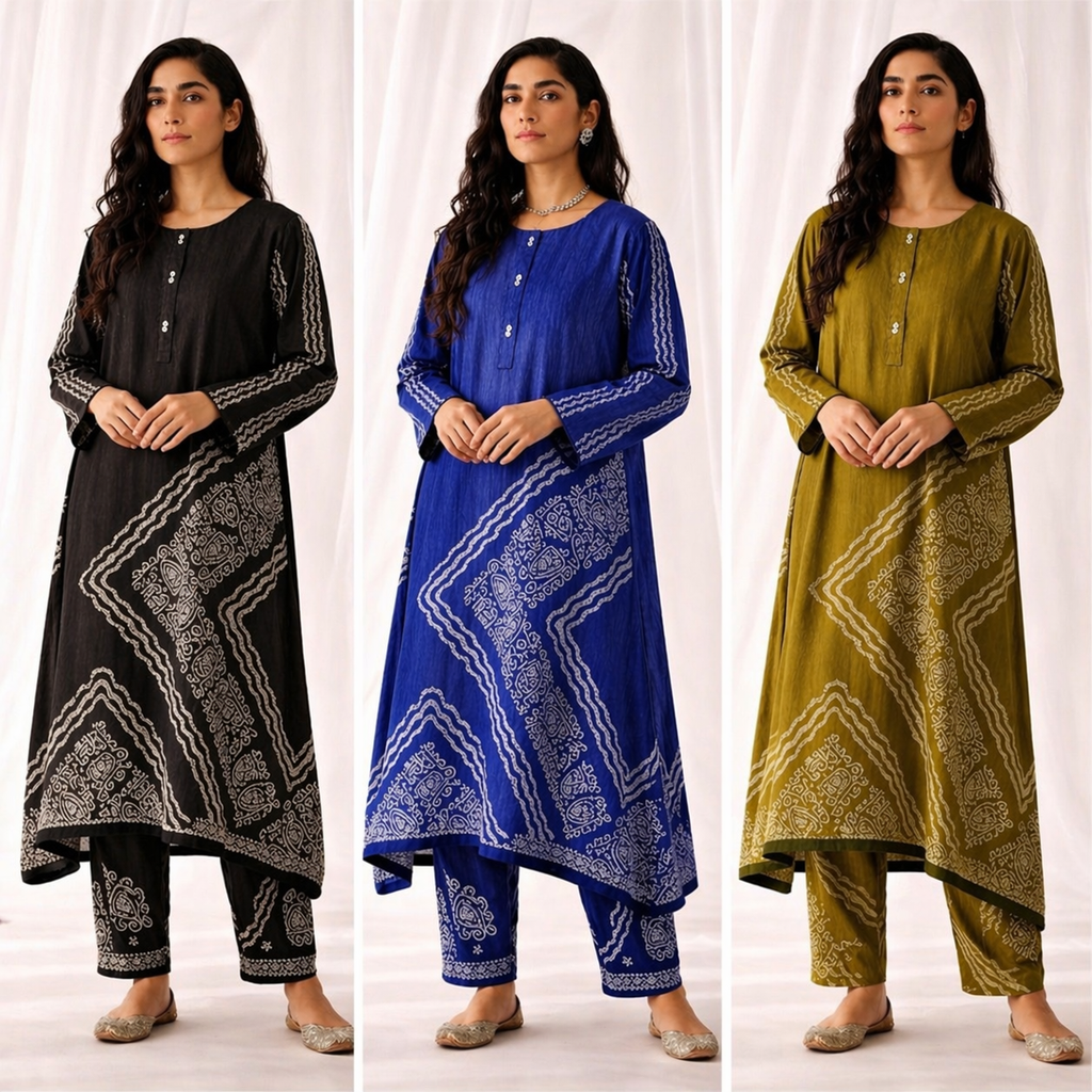 Black Digital Battik Print Silk Kurta with matching trousers in the same fabric to create a coordinated look.
