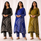 Black Digital Battik Print Silk Kurta with matching trousers in the same fabric to create a coordinated look.