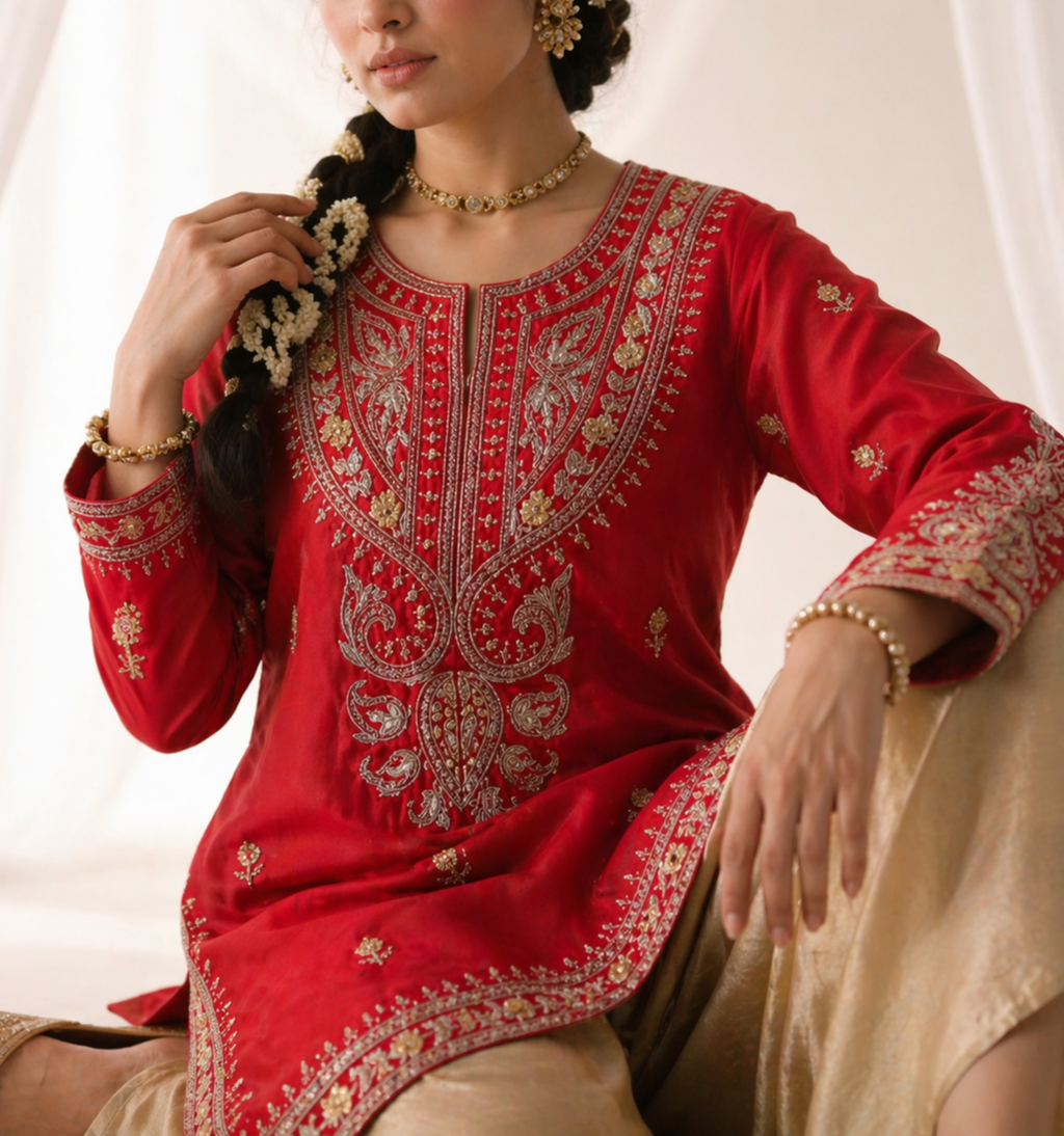 Pure Red Silk Kurta with Gold Zari Artistry paired with Sand Draped Dhoti