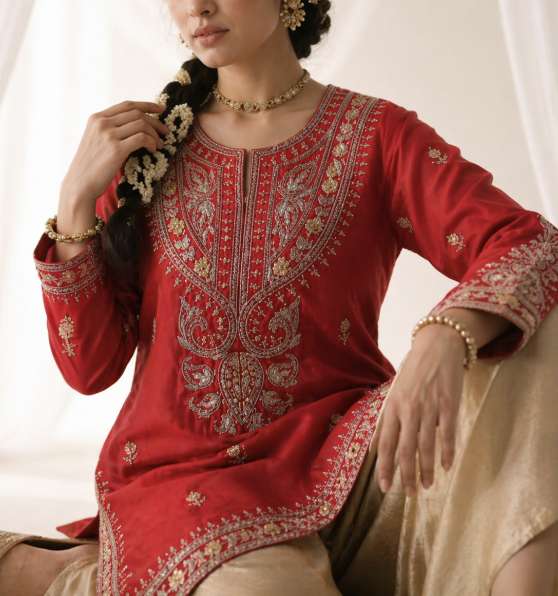 Pure Red Silk Kurta with Gold Zari Artistry paired with Sand Draped Dhoti
