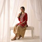 Pure Red Silk Kurta with Gold Zari Artistry paired with Sand Draped Dhoti