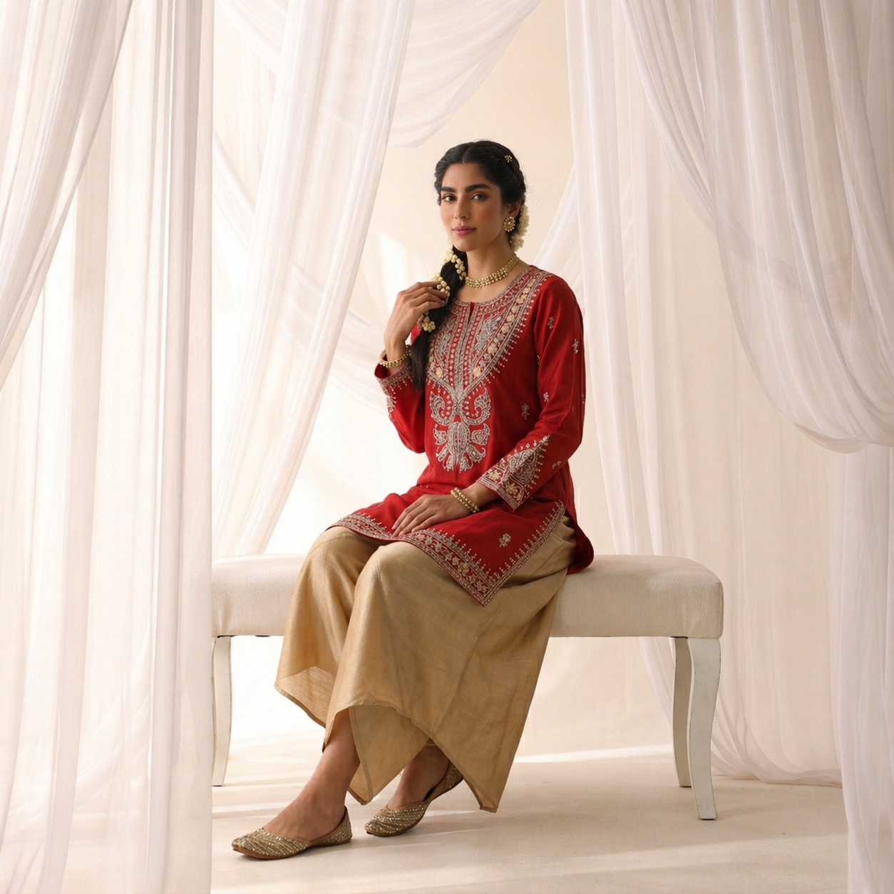 Pure Red Silk Kurta with Gold Zari Artistry paired with Sand Draped Dhoti