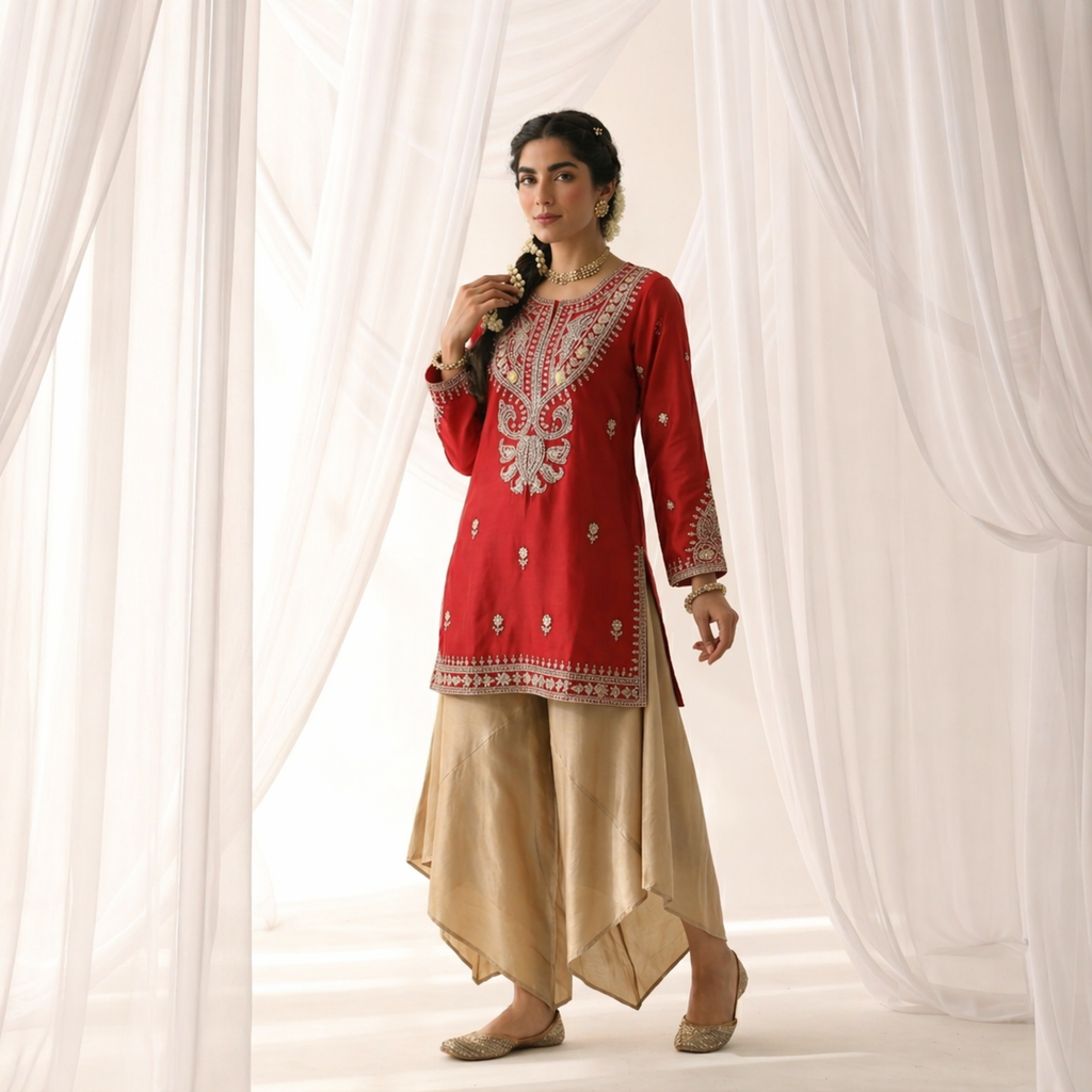 Pure Red Silk Kurta with Gold Zari Artistry paired with Sand Draped Dhoti
