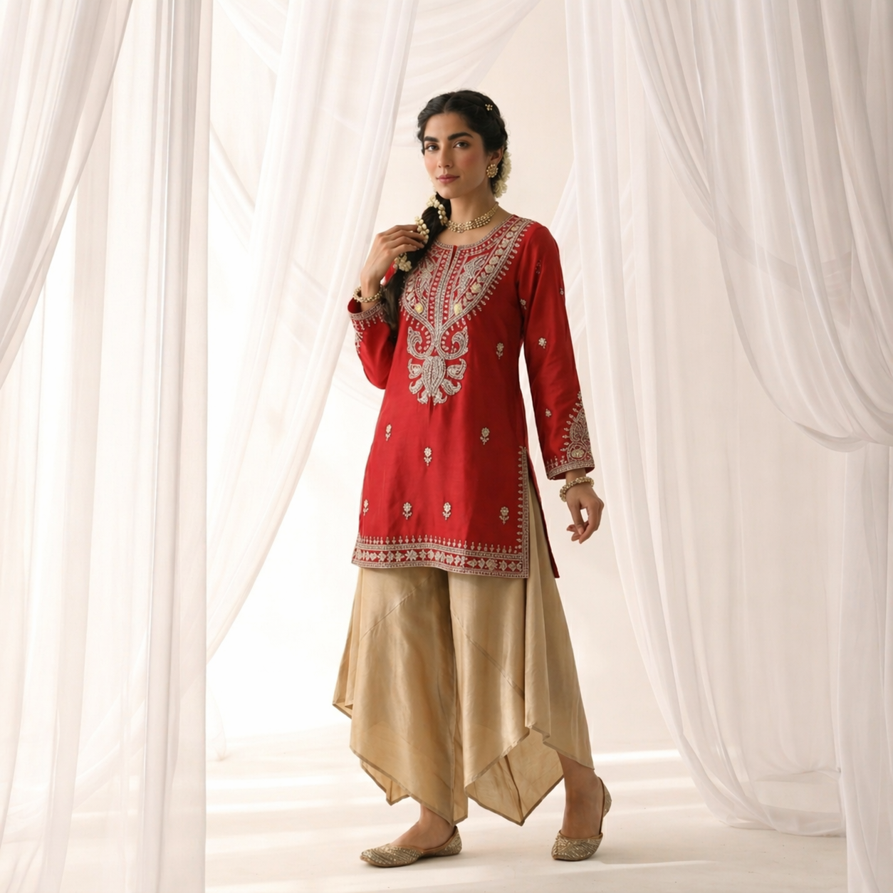 Pure Red Silk Kurta with Gold Zari Artistry paired with Sand Draped Dhoti