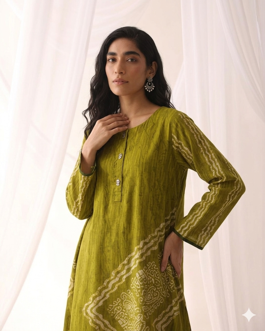 Olive Green Digital Battik Print Silk Kurta with a matching trousers in the same fabric to create a coordinated look.