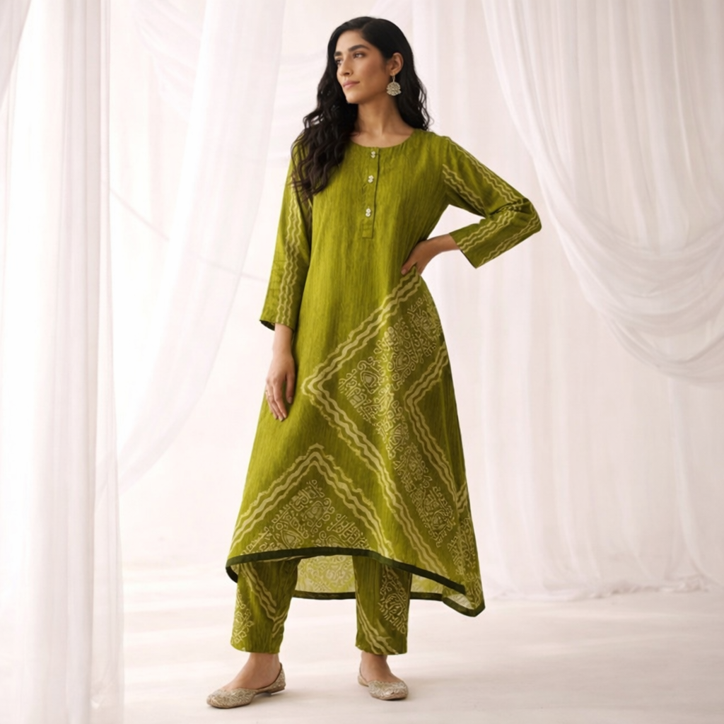 Olive Green Digital Battik Print Silk Kurta with a matching trousers in the same fabric to create a coordinated look.