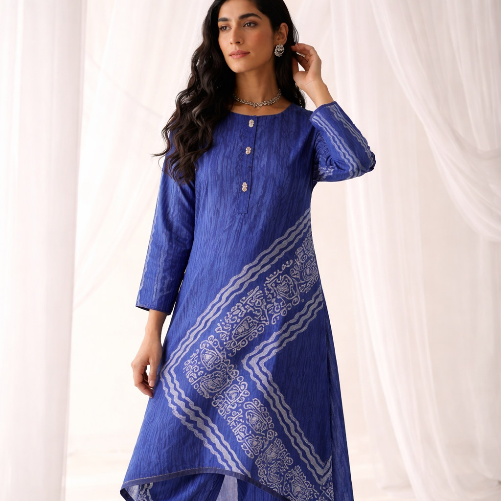 Indigo Digital Battik Print Silk Kurta with matching trousers in the same fabric to create a coordinated look.