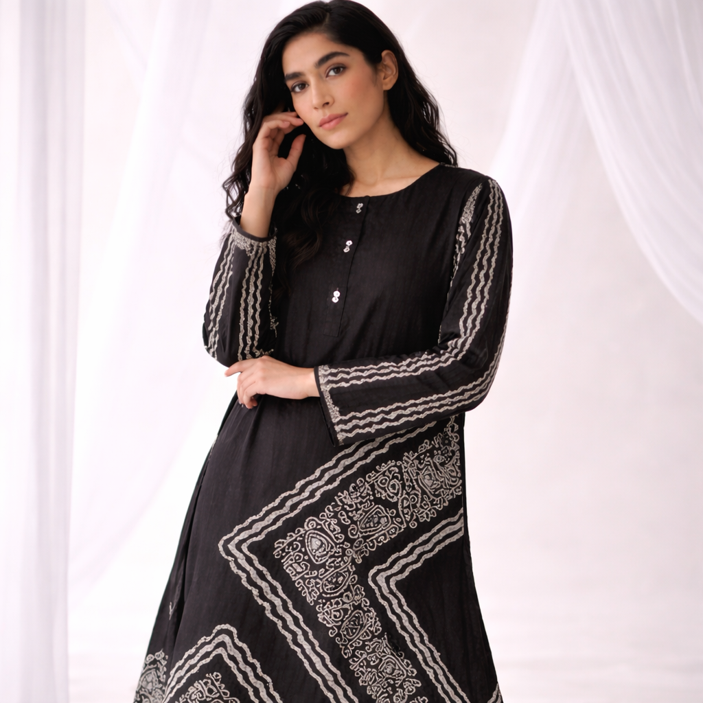 Black Digital Battik Print Silk Kurta with matching trousers in the same fabric to create a coordinated look.