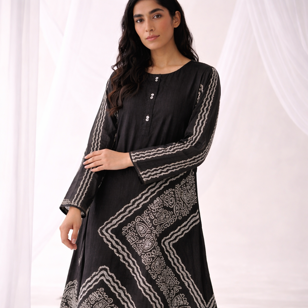Black Digital Battik Print Silk Kurta with matching trousers in the same fabric to create a coordinated look.