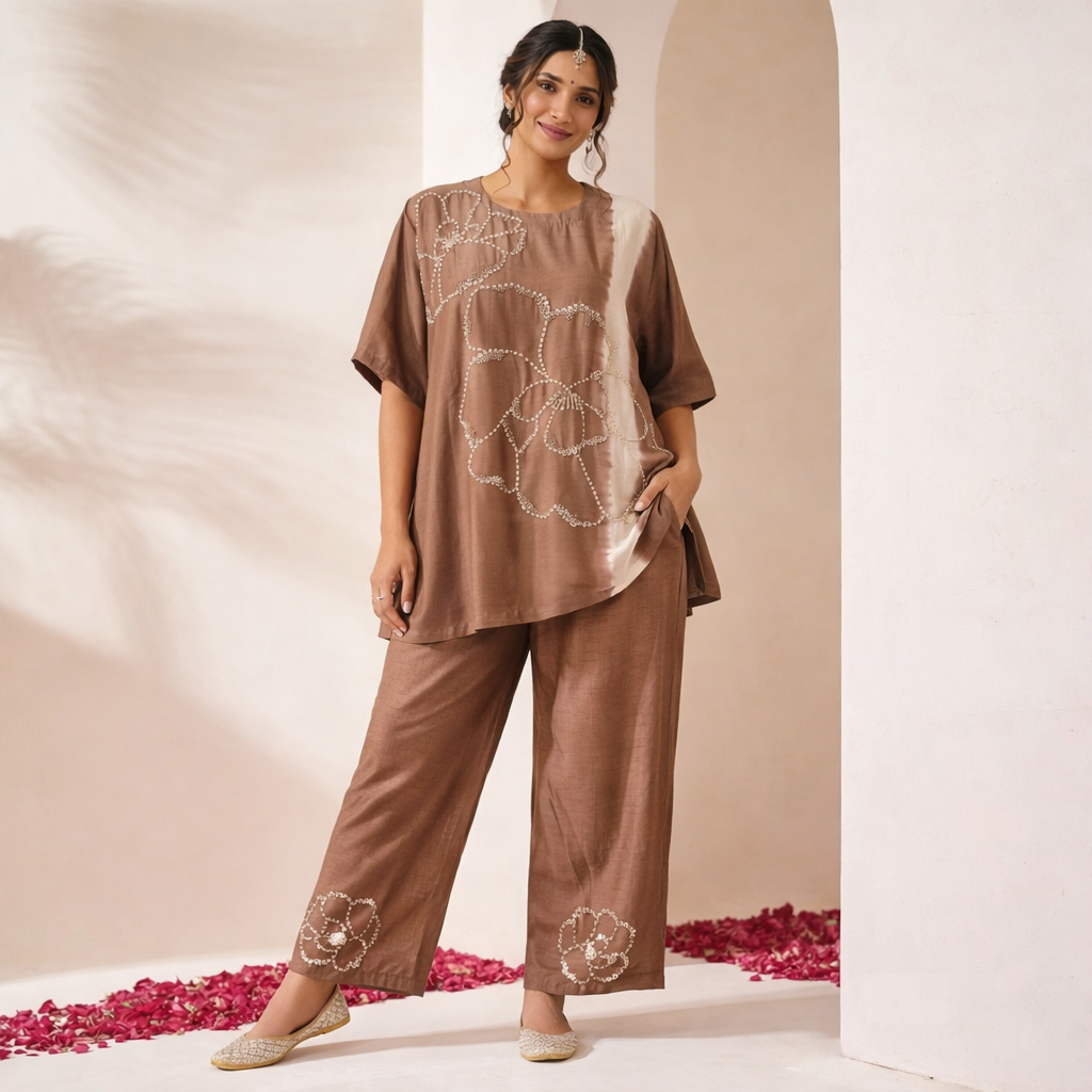 Mocha Bloom Embroidered Co-ord Set