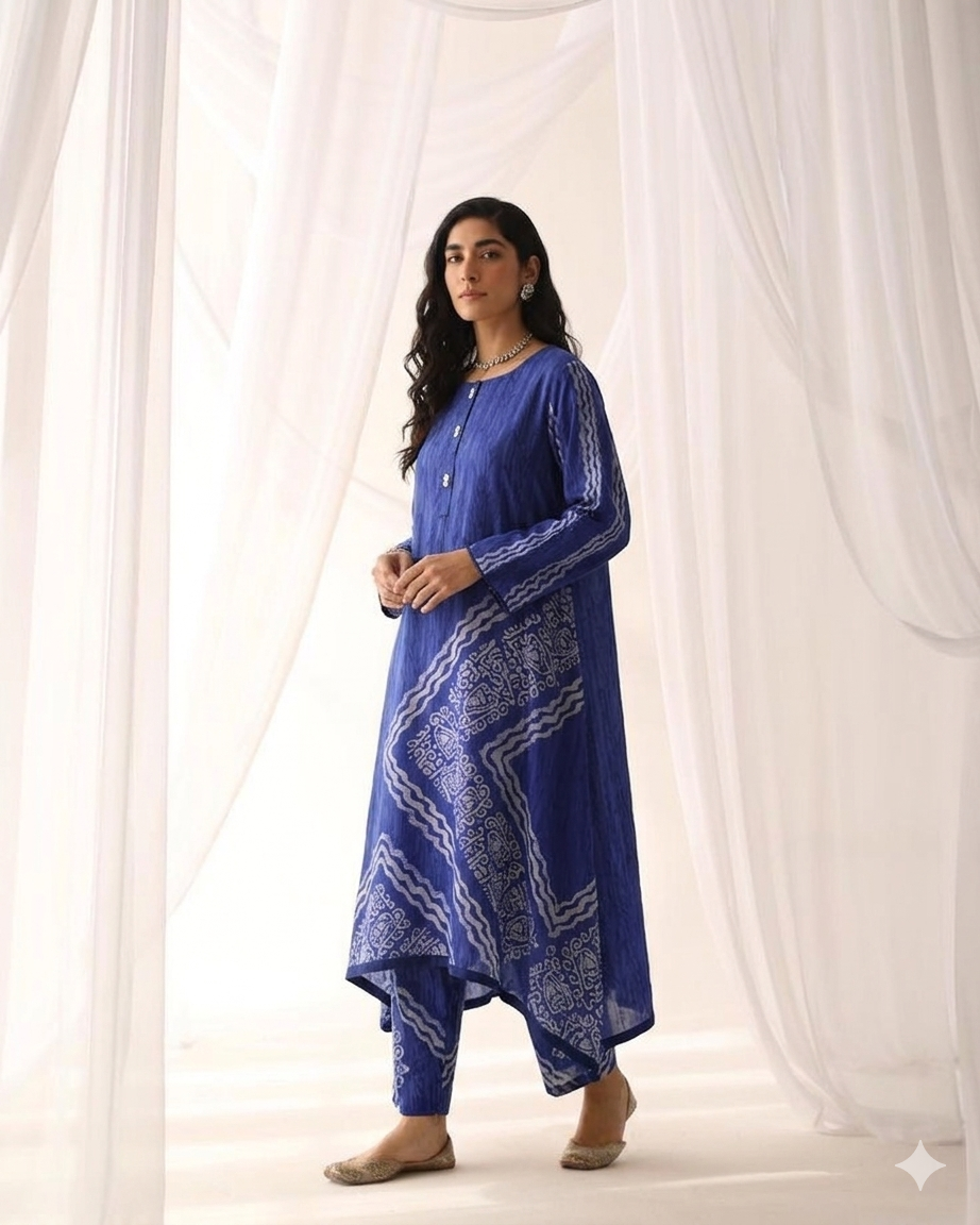 Indigo Digital Battik Print Silk Kurta with matching trousers in the same fabric to create a coordinated look.