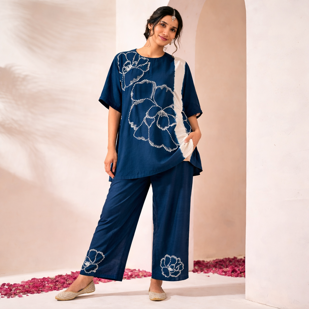 Blue Bloom Embroidered Co-ord Set