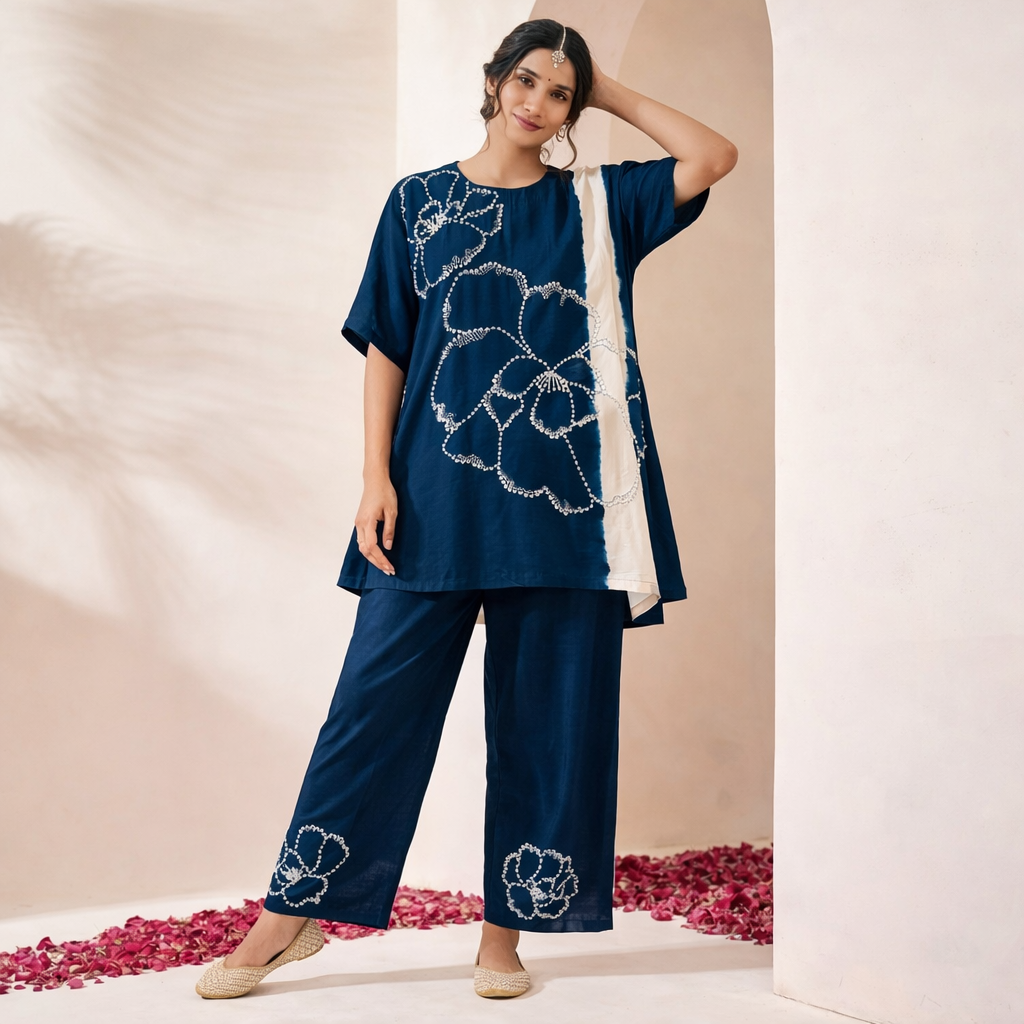 Blue Bloom Embroidered Co-ord Set