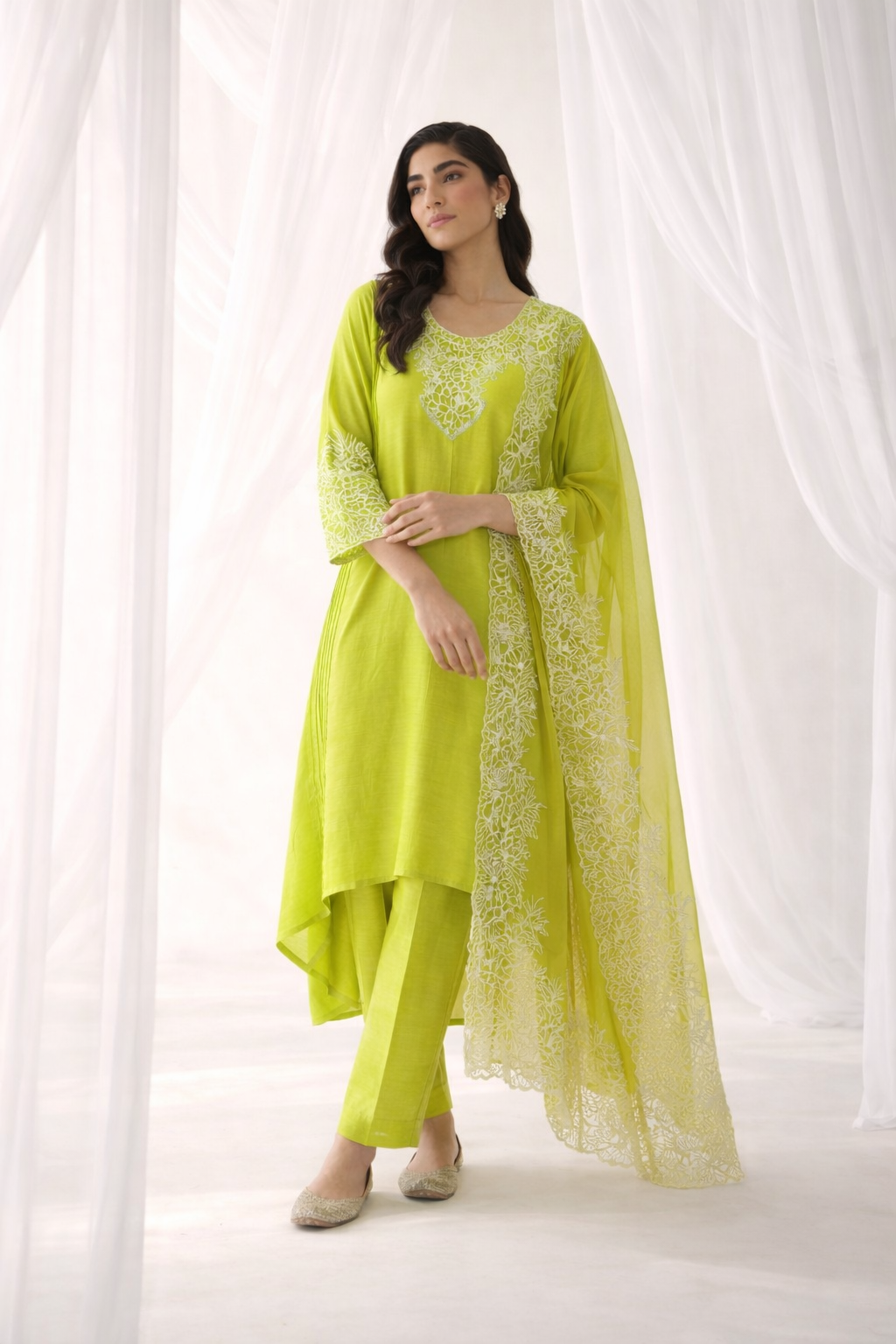 Luxe Neon Green Embroidered High-Low Kurta Set