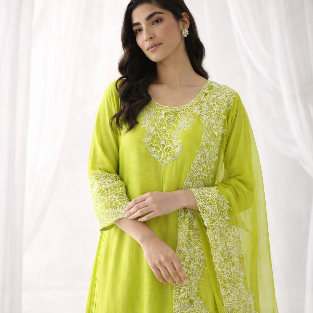 Luxe Neon Green Embroidered High-Low Kurta Set