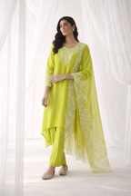 Luxe Neon Green Embroidered High-Low Kurta Set