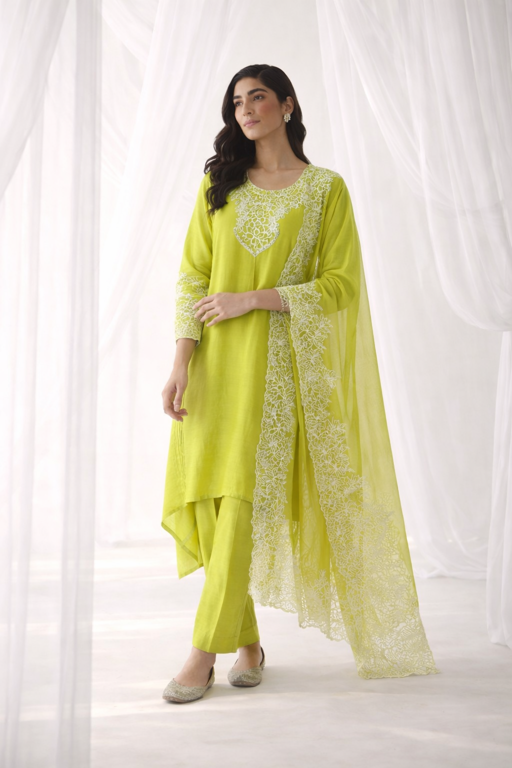 Luxe Neon Green Embroidered High-Low Kurta Set