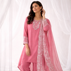 Luxe Rose Pink Embroidered High-Low Kurta Set