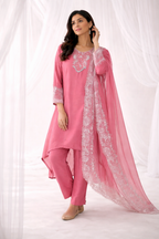 Luxe Rose Pink Embroidered High-Low Kurta Set