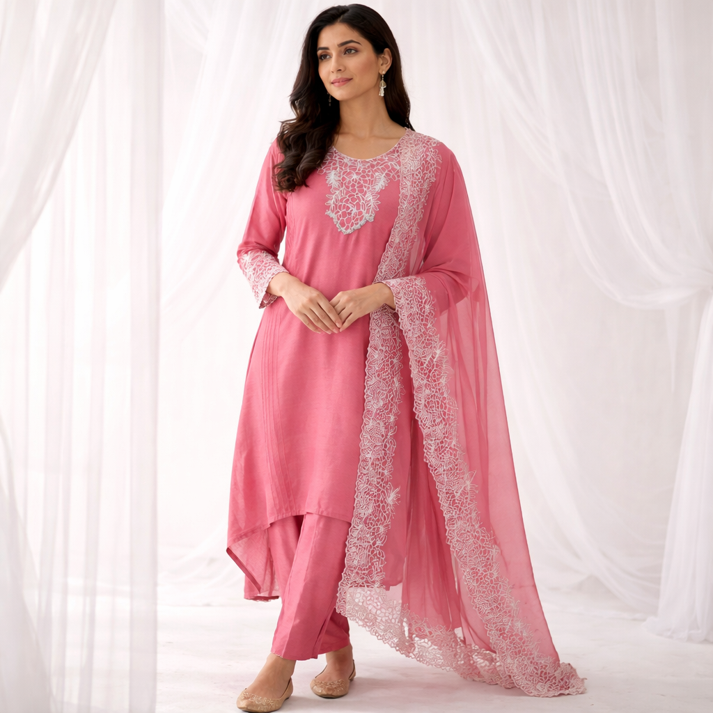 Luxe Rose Pink Embroidered High-Low Kurta Set