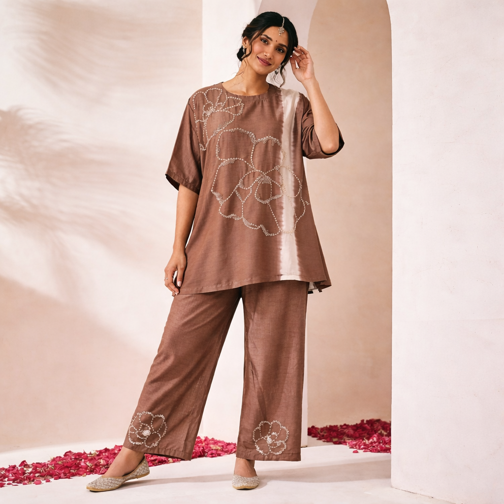 Mocha Bloom Embroidered Co-ord Set
