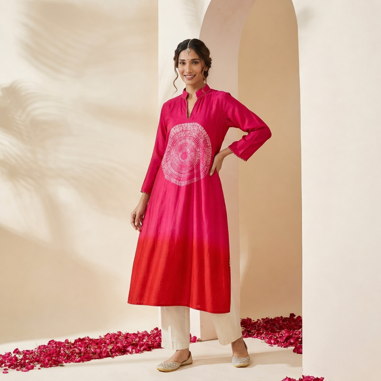 fuchsia pink ombré Kurta Set with White pants
