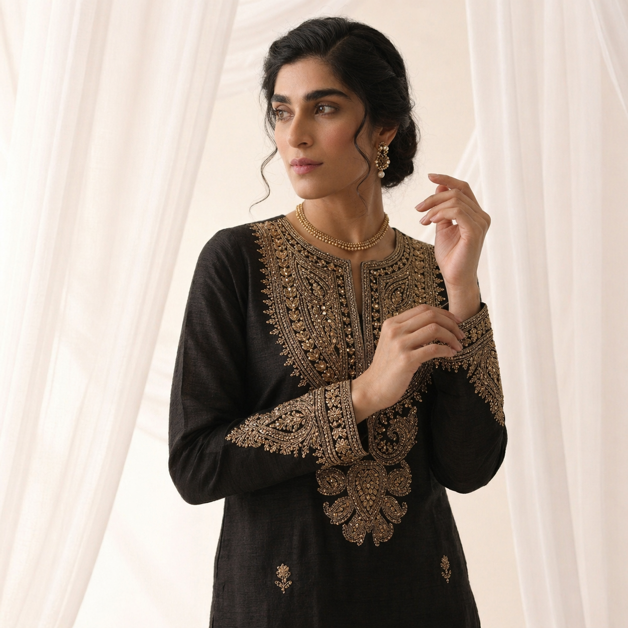 Pure Royal Black Silk Kurta with Gold Zari Artistry paired with Sand Draped Dhoti